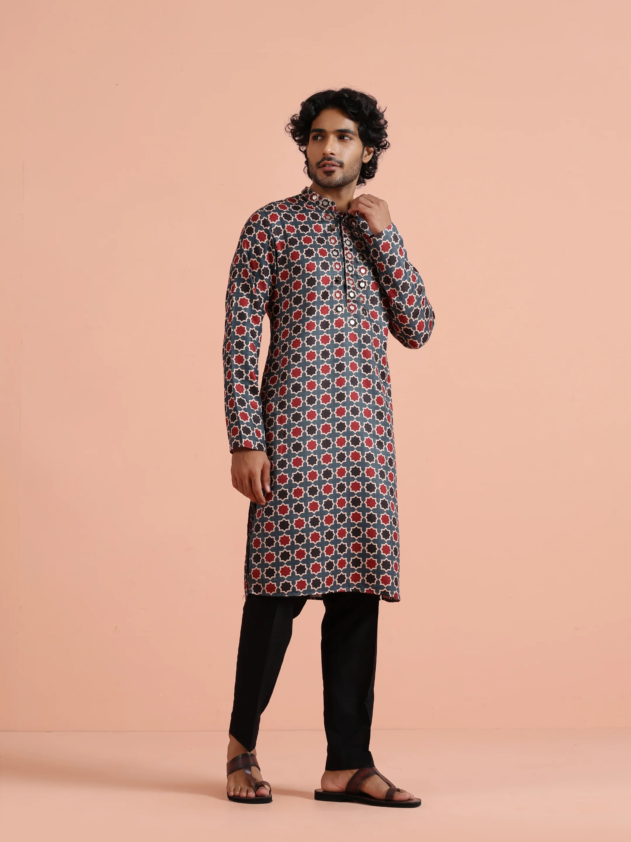 Blue Red Printed Art Silk Kurta Trouser - Image 4