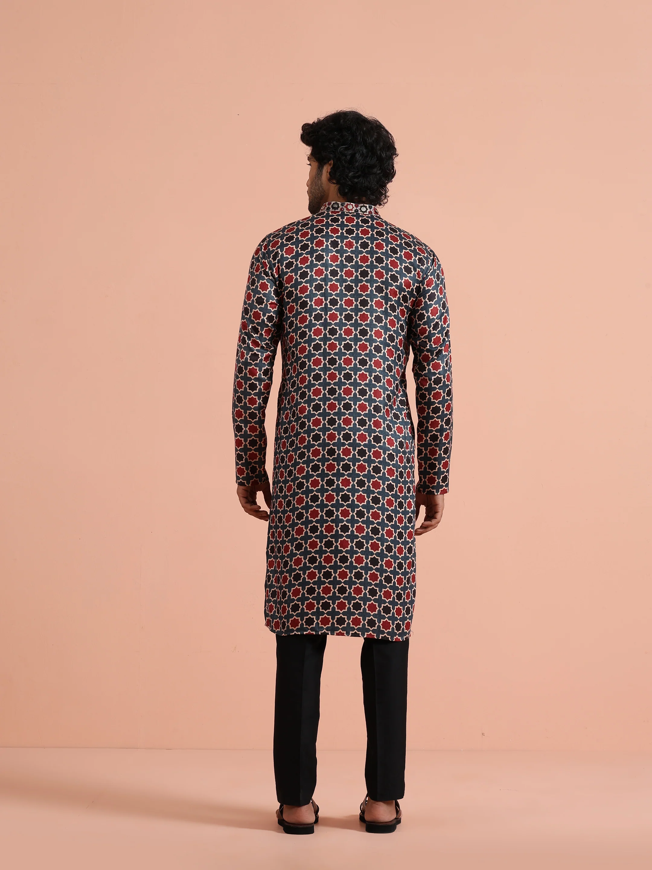 Blue Red Printed Art Silk Kurta Trouser - Image 5