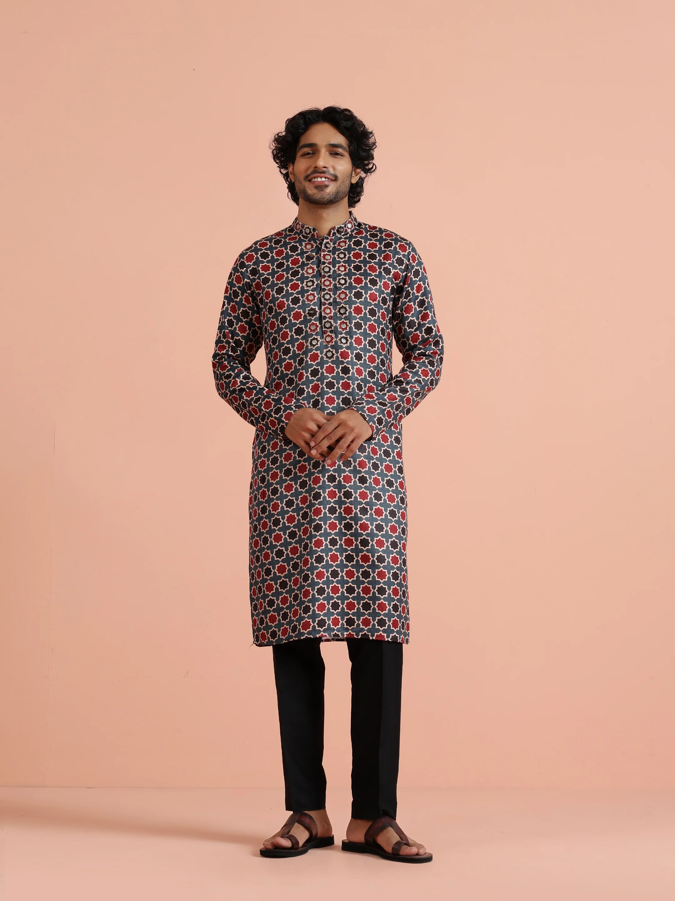 Blue Red Printed Art Silk Kurta Trouser - Image 6