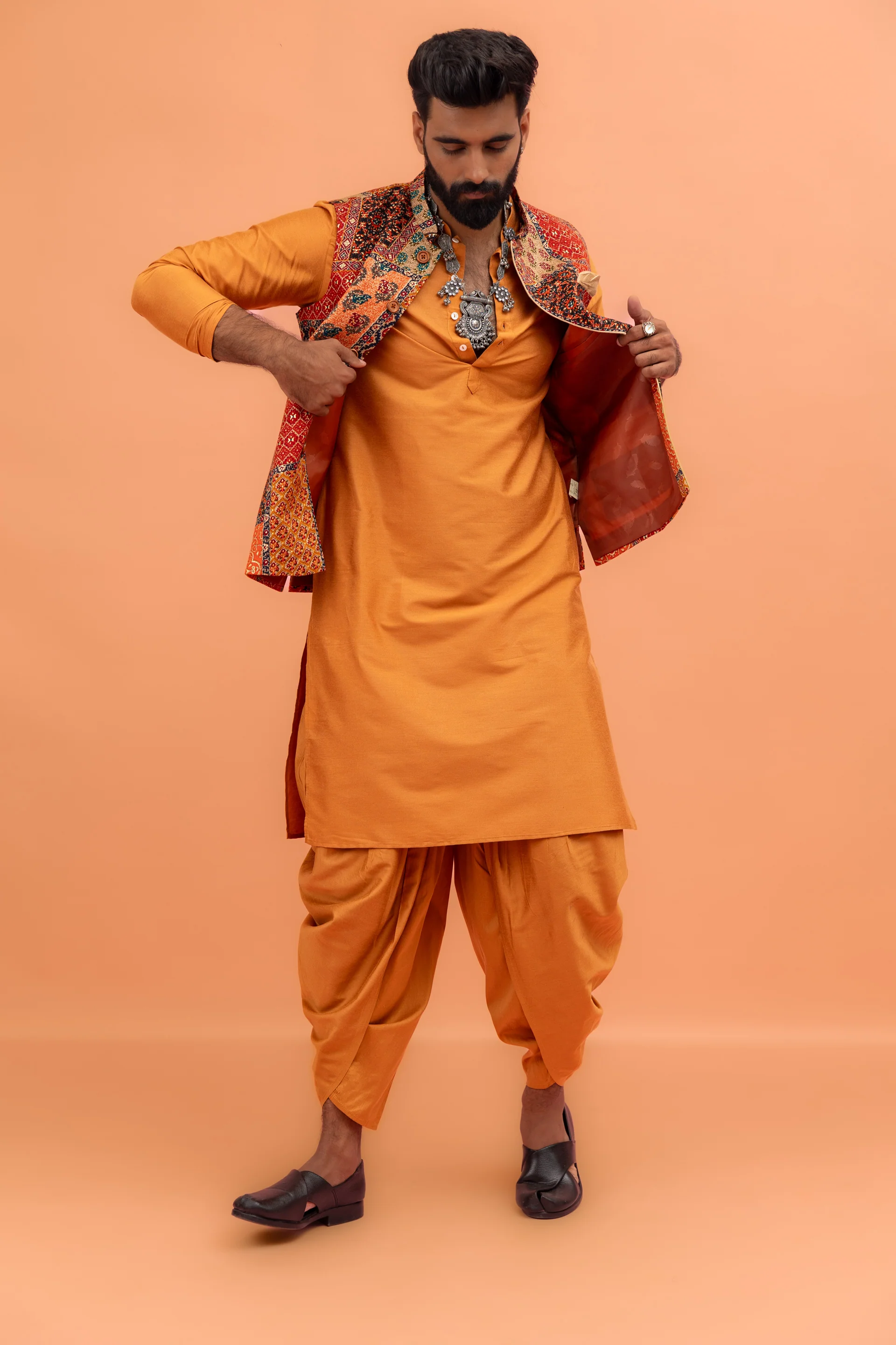 Multi-Coloured Printed Nehru Jacket Kurta Dhoti - Image 8