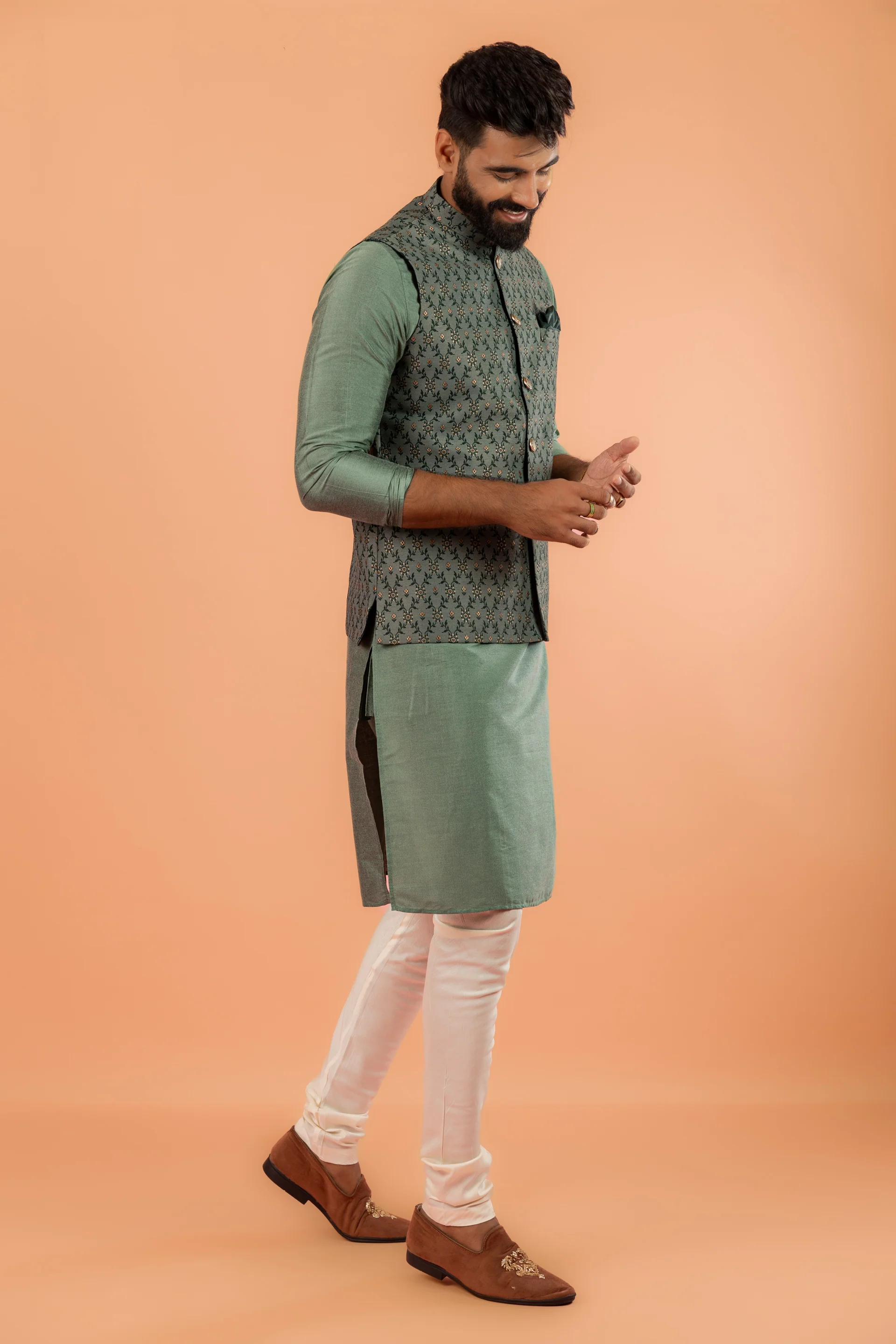 Green Cotton Self Design Jacket Kurta Churidar - Image 3