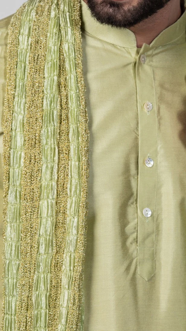 Light Green Silk Blend Kurta Dhoti Dupatta Set - Image 6
