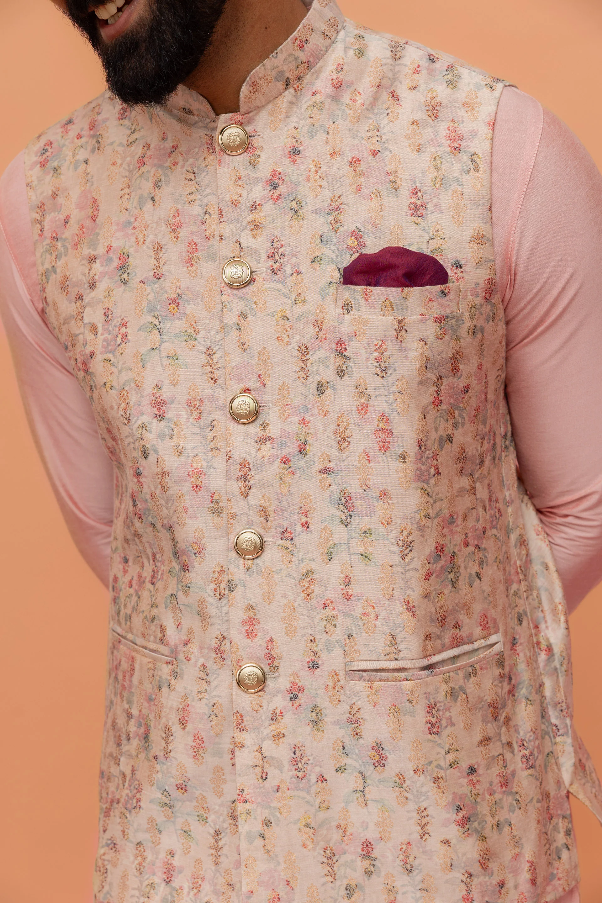 Light Pink Printed Nehru Jacket Kurta Churidar Set - Image 5