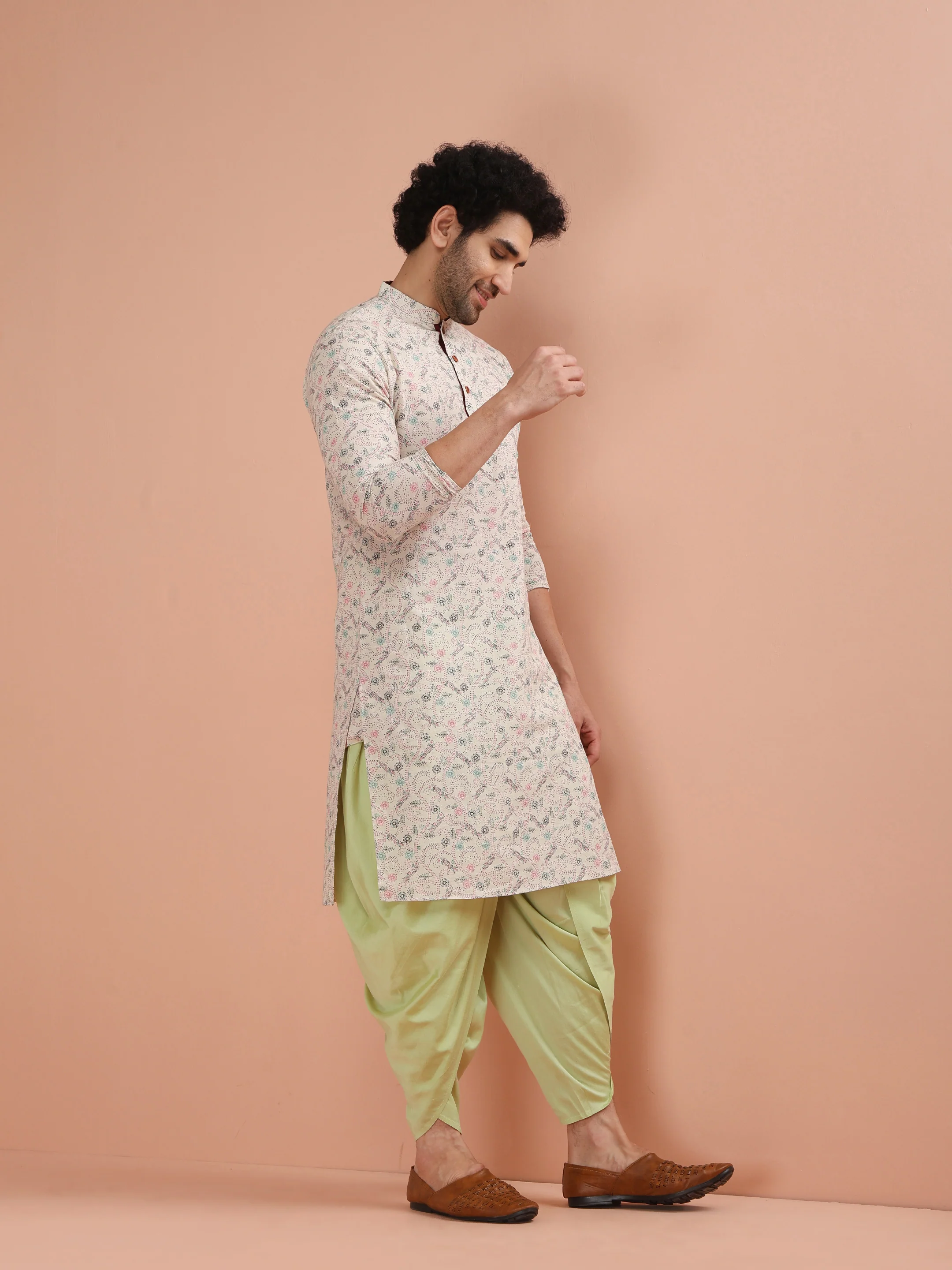 Beige Cotton Kurta Set with Multicolor Kantha-Inspired Prints and Green Dhoti Pants - Image 3