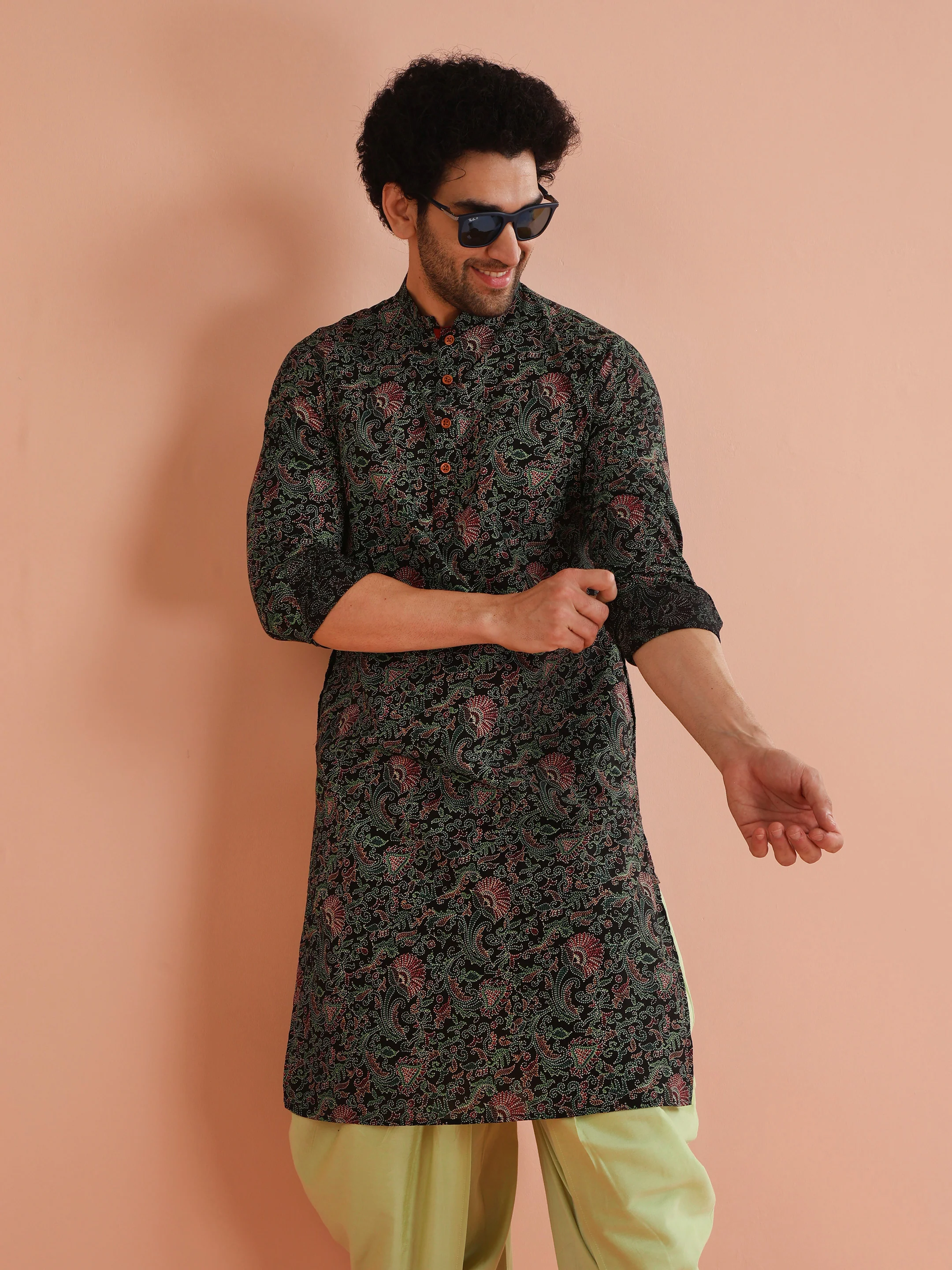 Men Black Multi-Color Paisley Printed Kurta Dhoti Set â€“ Elegant Festive Wear - Image 8