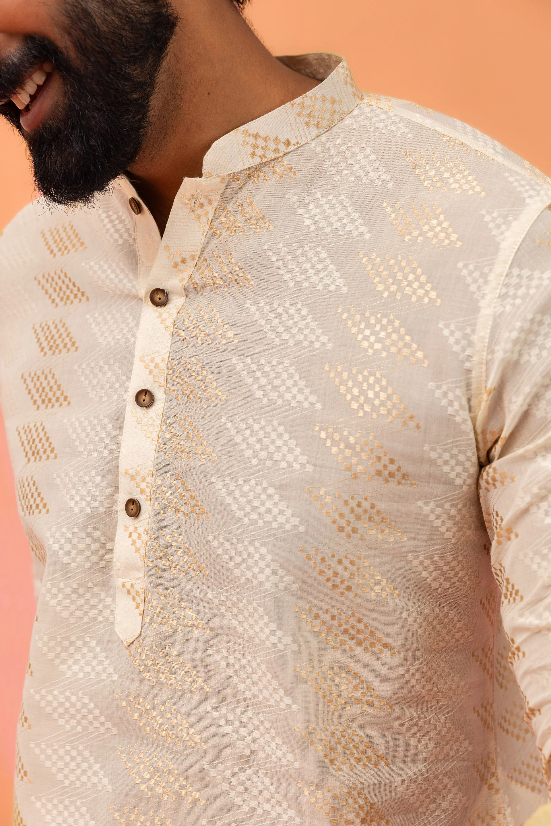Cream Silk Blend Geometric Pattern Kurta Set - Image 6