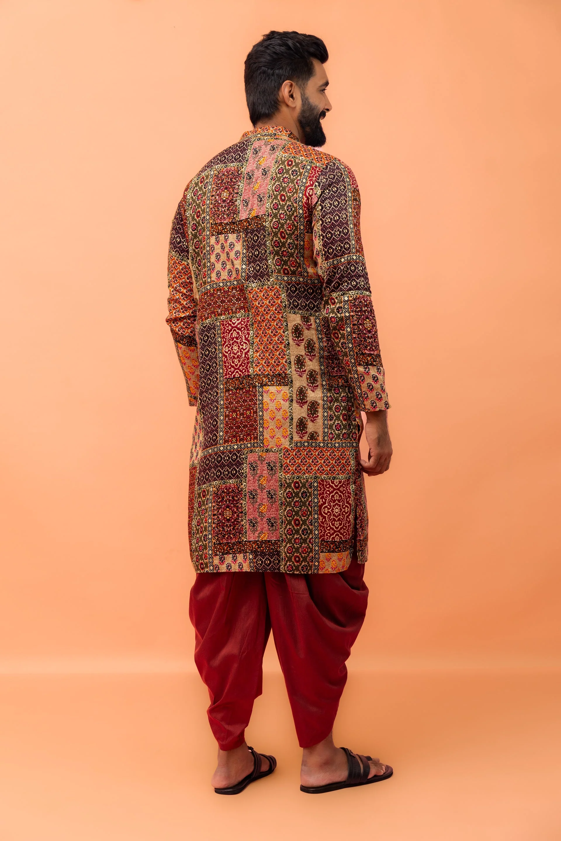 Men Multi-Color Patchwork Printed Kurta with Maroon Dhoti Set - Image 10