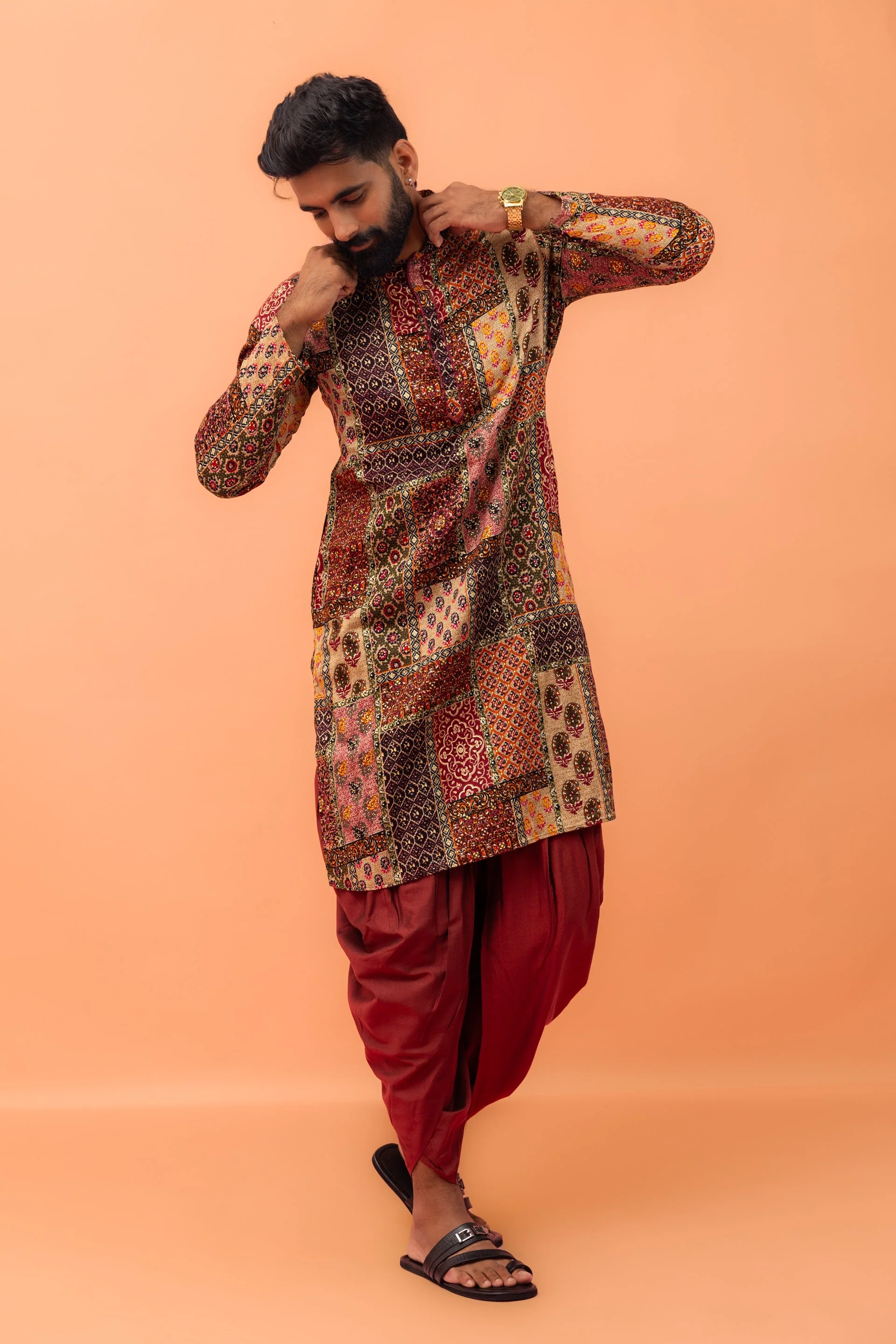 Men Multi-Color Patchwork Printed Kurta with Maroon Dhoti Set - Image 19