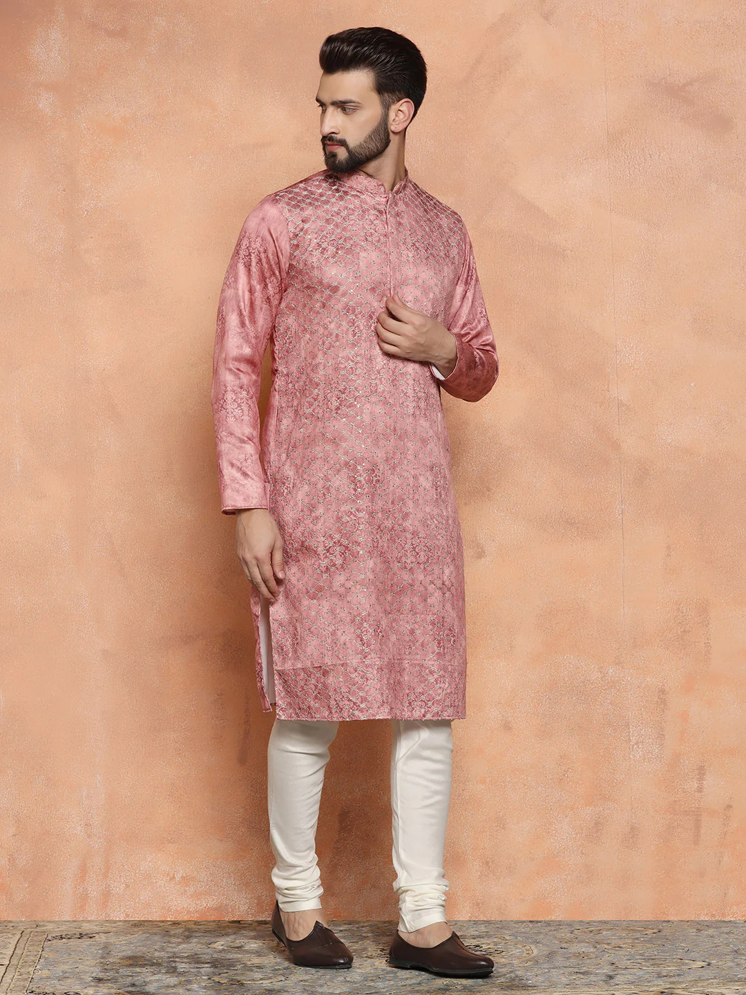 Pink Silk Blend Embroidered Long Kurta - Image 5