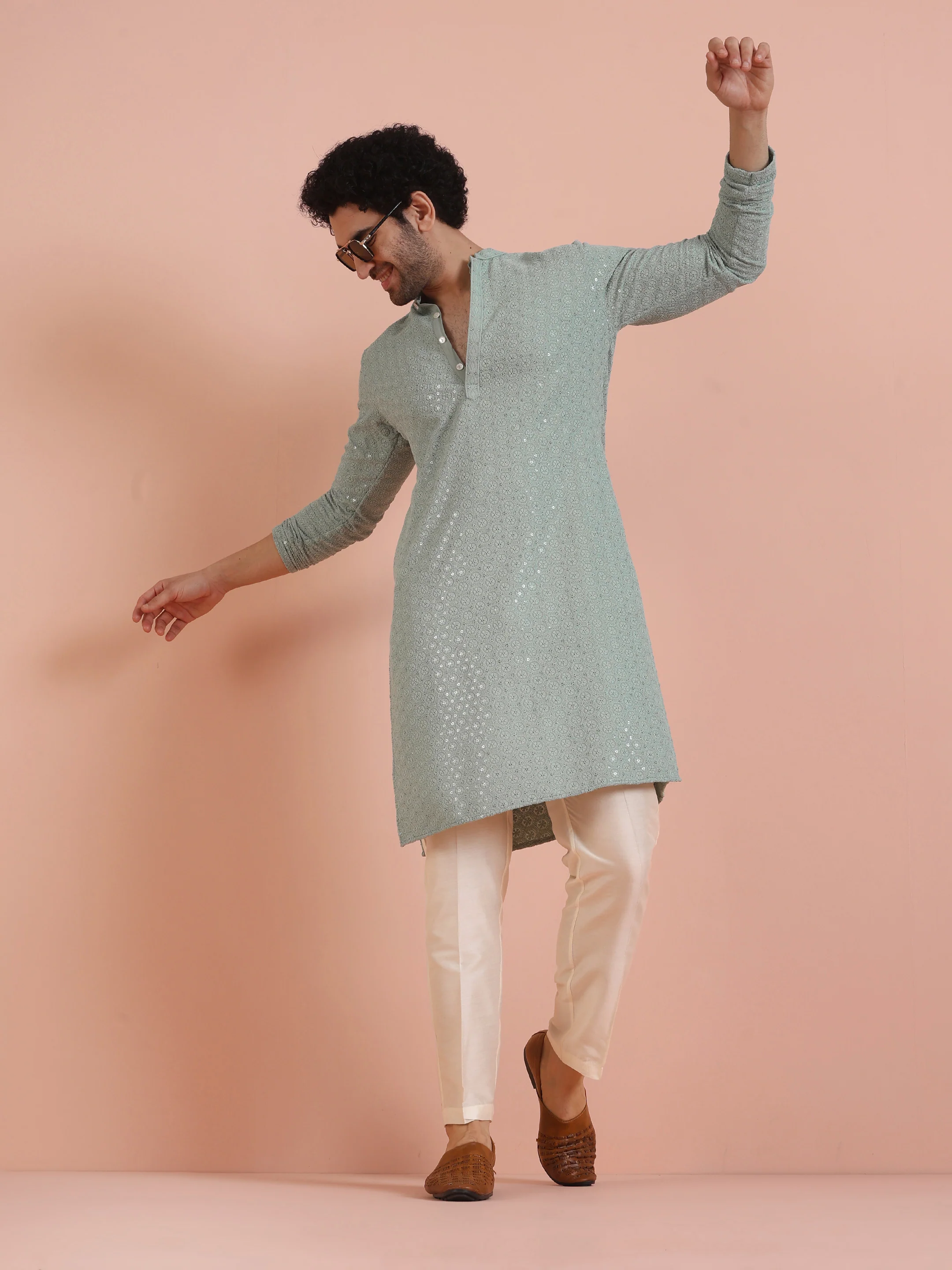 Mint Green Sequinned Kurta Cream Trouser Set - Image 8