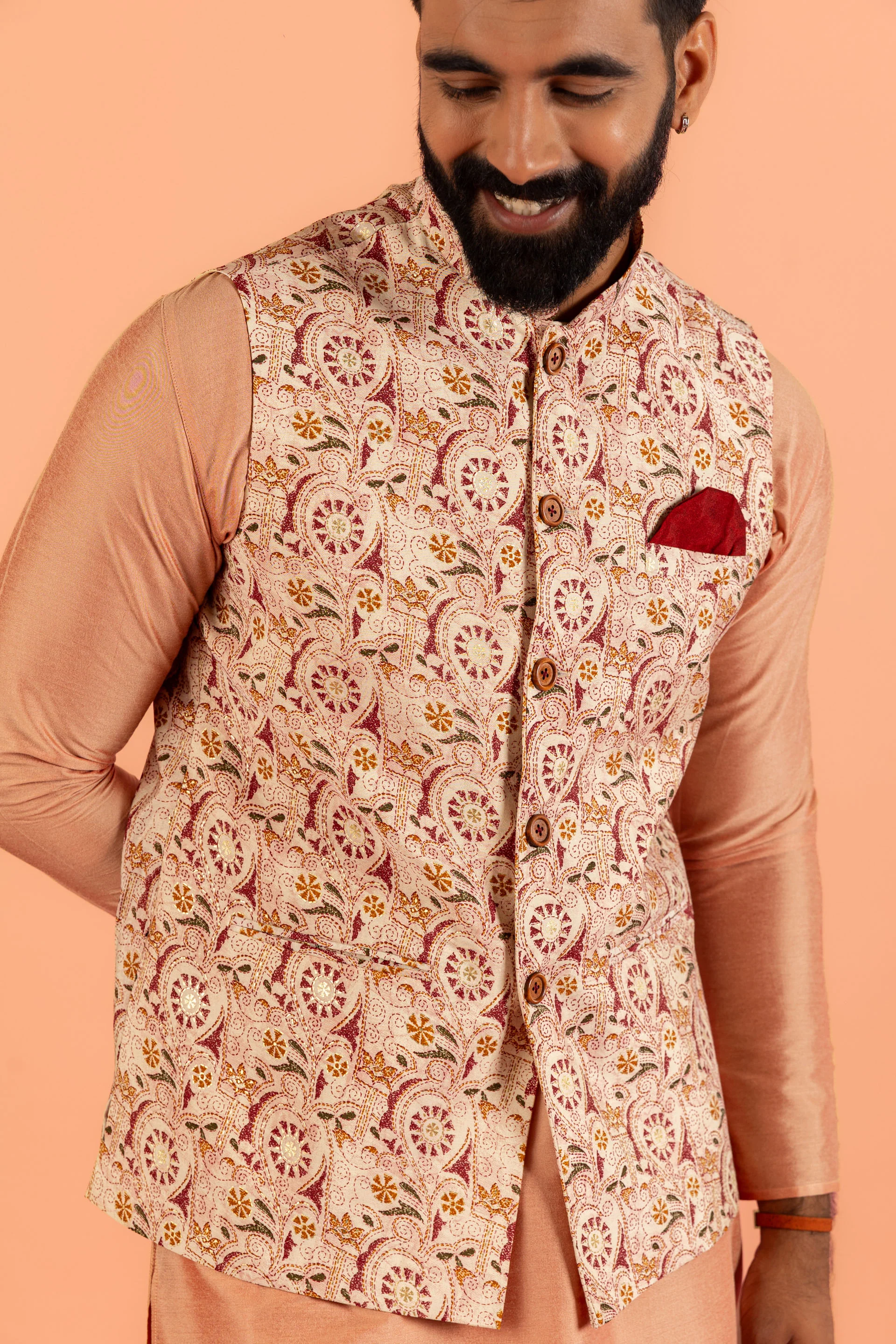 Peach Silk Blend Jacquard Nehru Jacket with Maroon - Image 6