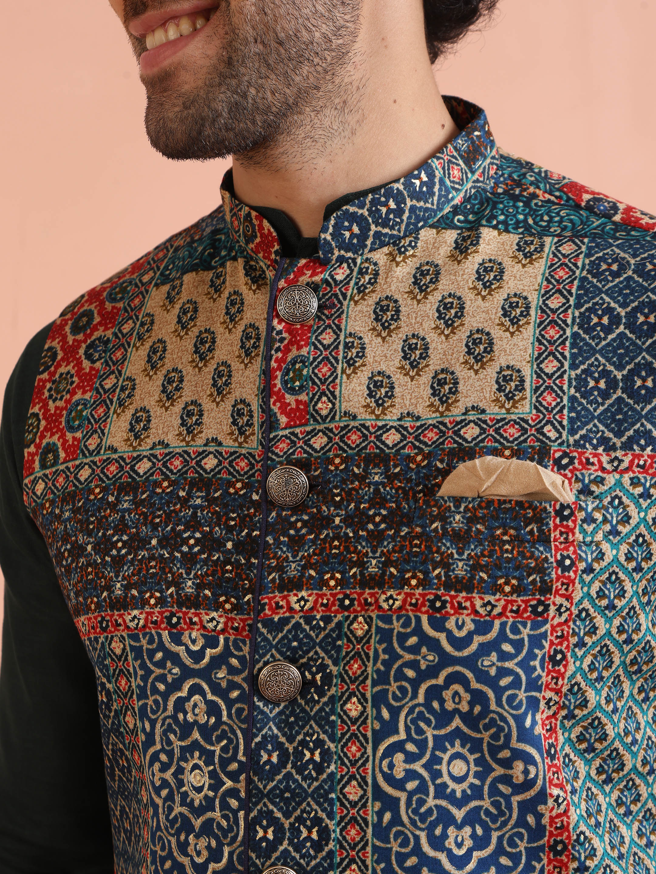 Multicolor Patchwork Printed Silk Blend Nehru Jacket with Mandarin Collar - Image 6