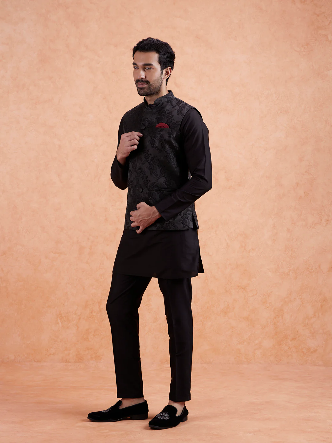 Black Jacquard Floral Nehru Jacket - Image 5