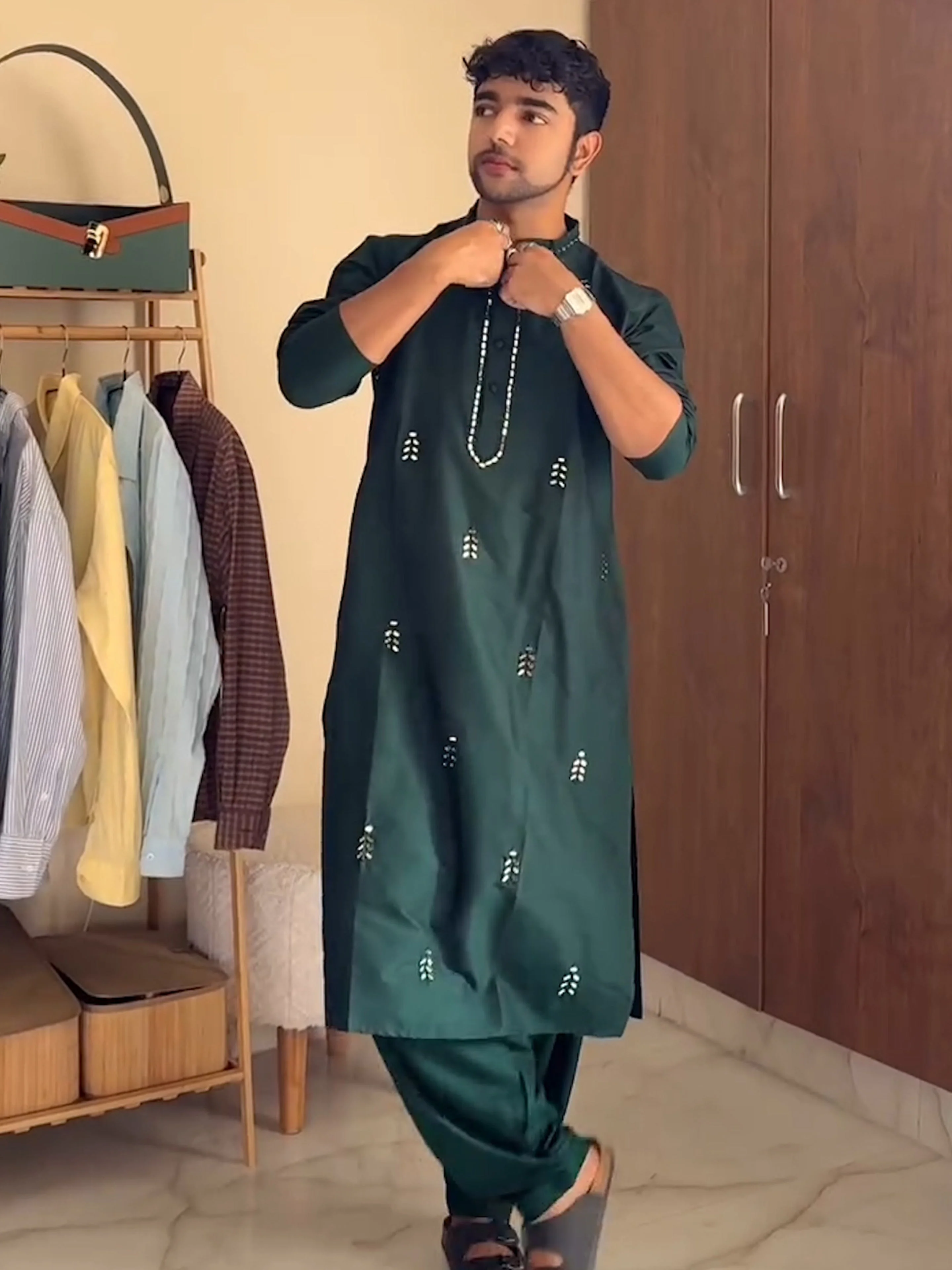 Men Green Mirror Work Embroidered Kurta Patiala Set - Image 10