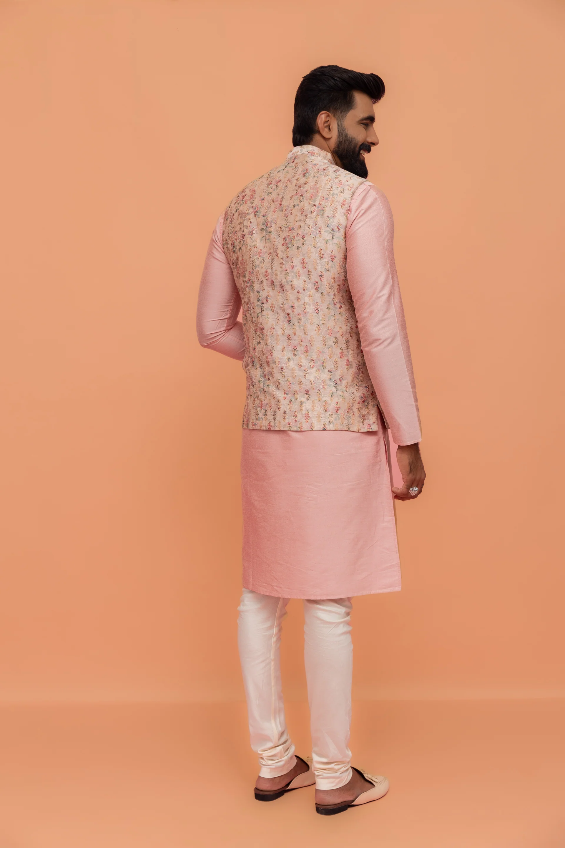 Multicolour Floral Jacquard Jacket Kurta Churidar Set - Image 4