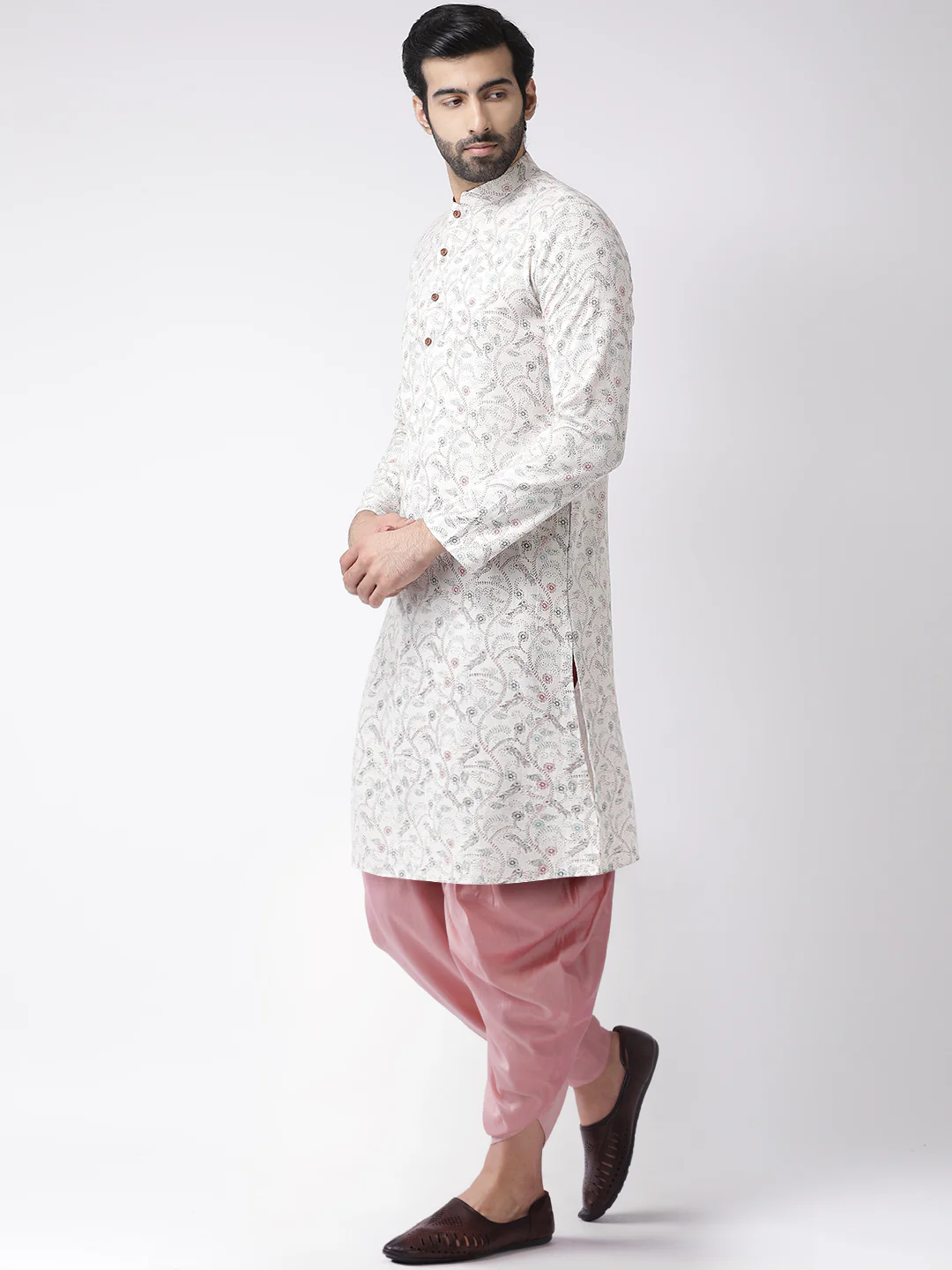 Beige Silk Blend Printed Kurta with Floral Motifs and Pink Dhoti Pants â€“ Festive & Wedding Ensemble - Image 3