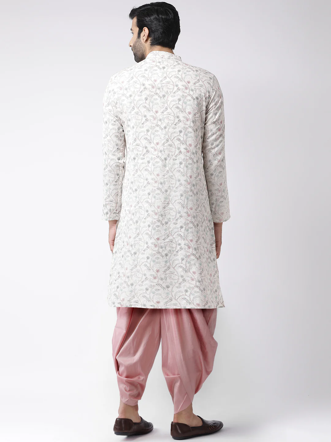 Beige Silk Blend Printed Kurta with Floral Motifs and Pink Dhoti Pants â€“ Festive & Wedding Ensemble - Image 4