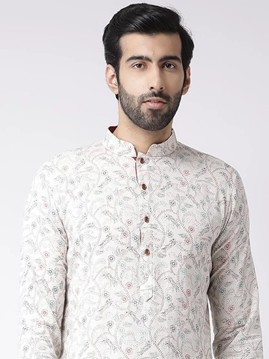Beige Silk Blend Printed Kurta with Floral Motifs and Pink Dhoti Pants â€“ Festive & Wedding Ensemble - Image 5