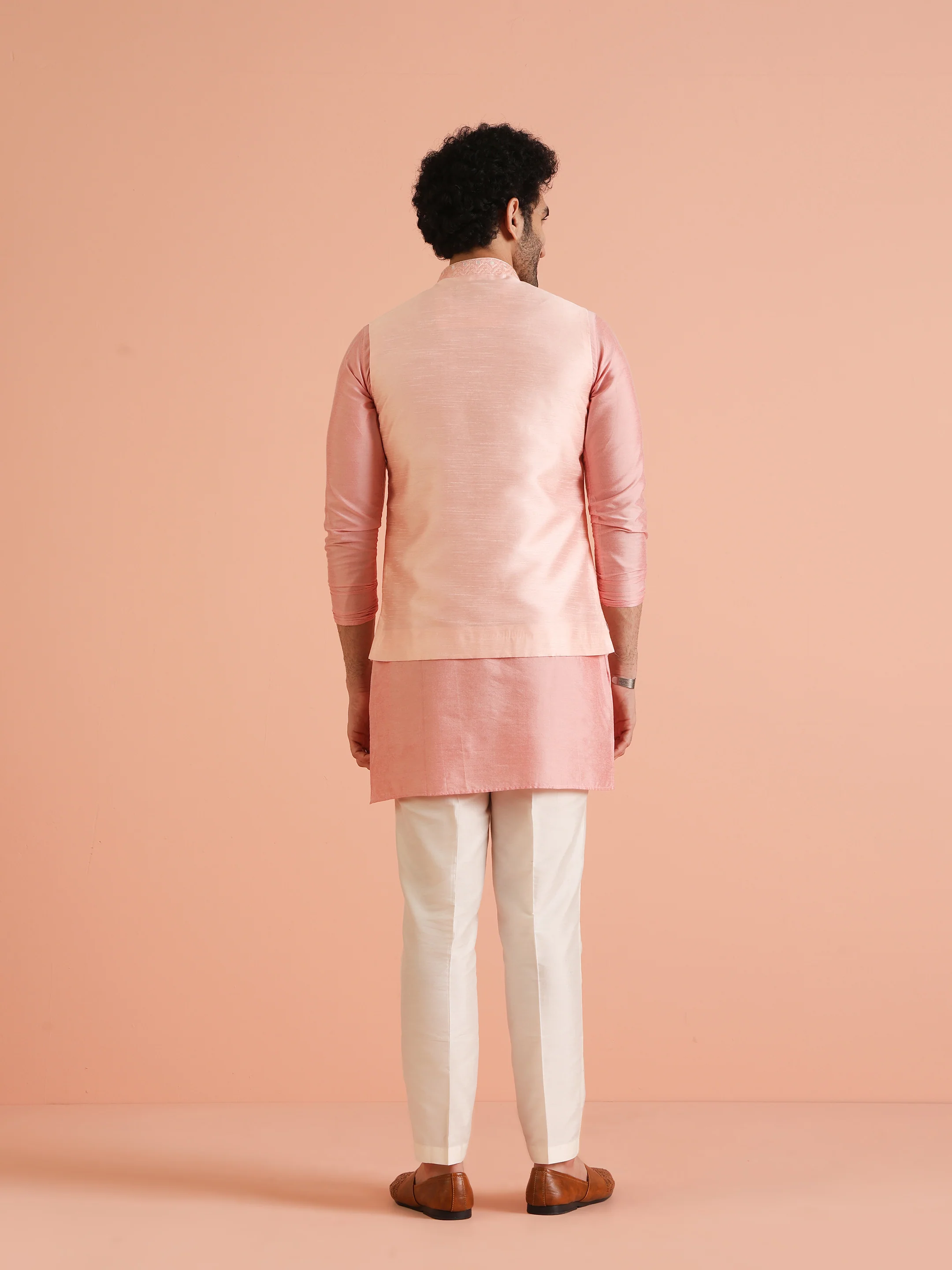 Pink Mirror Work Embroidered Nehru Jacket with Kurta Trouser - Image 4