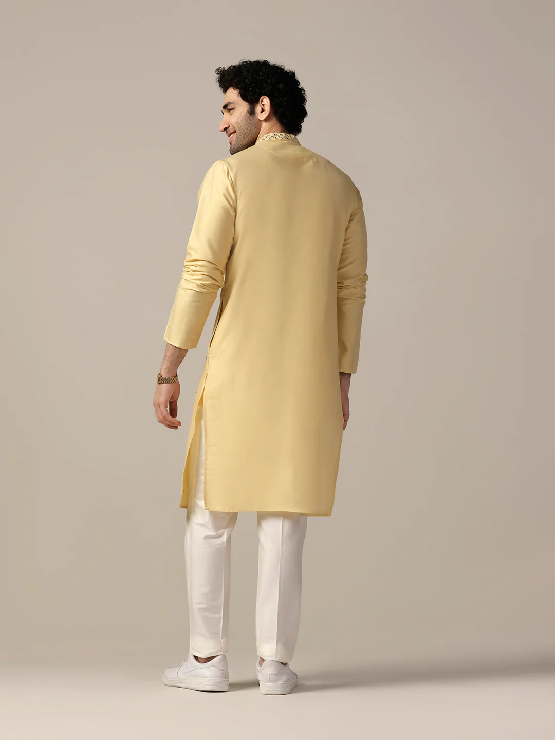 Yellow Silk Blend Heavy Mirror Work Kurta - Image 4